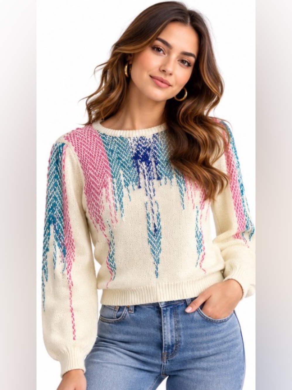 Vintage Victoria Jones Petites Cream Abstract Thread Knit Sweater PM